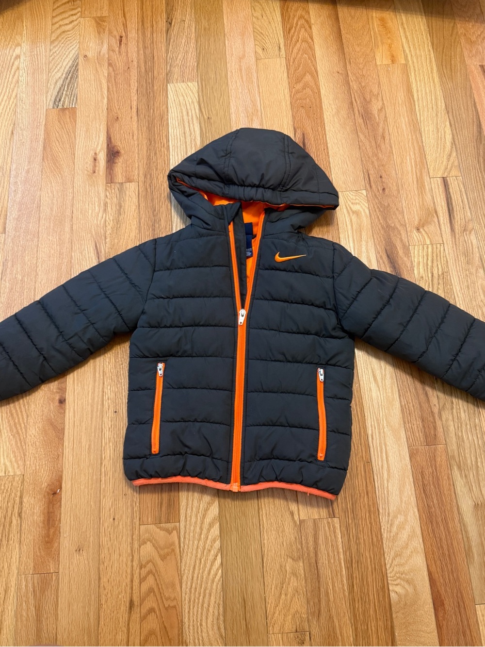 Nike Kids Gray Puffer Jacket with Orange Accents